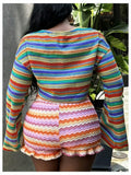 RoseSeek Women's Striped Crop Top Long Sleeve Knit Tee Multicolor Size S