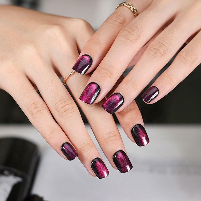 Purple Press On Nails Short Square Acrylic Cat Eye Color Changing 24 Pcs