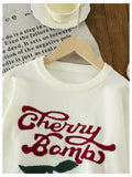 BEAUDRM Girl's Cherry Knit Sweater Long Sleeve Crewneck Apricot Size 11Y