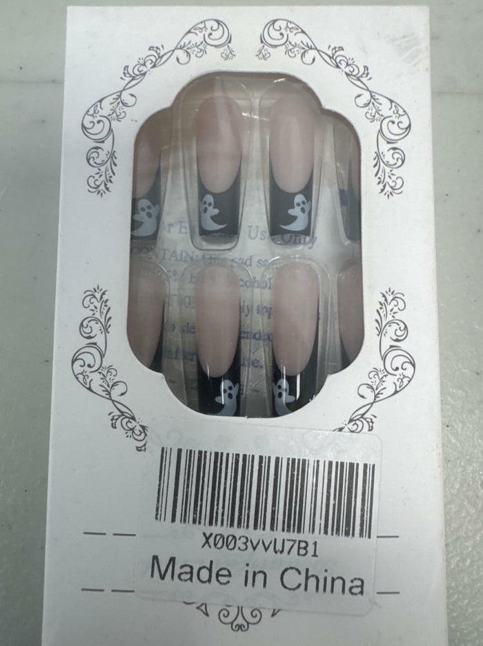 RIICFDD Halloween Fake Nails 24 Pcs Coffin Pink French Tip Ghost Designs