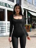 TOB Women Yoga Jumpsuit Ribbed Long Sleeve Square Neck Black Size L