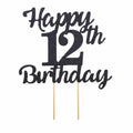 LVEUD 12th Birthday Cake Topper Black Glitter 12th Party Decoration