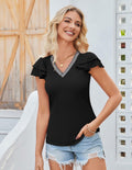 Womens Ruffle Sleeve V Neck Fitted Blouse Top Black Size 2XL