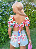 Women's Floral Square Neck Crop Blouse Puff Sleeve Tie Back Multicolor Size L