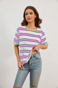 MISSACTIVER Short Sleeve Contrast Striped Tee Shirt Pink Large Size L