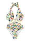 Fruit Print Ring Linked One Piece Swimsuit Cut Out Monokini Multicolor Size S
