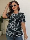 Kistore Women's Tunic Top Plus Size Crew Neck Short Sleeve Black Floral Size 2XL