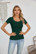 Haochic Womens Square Neck Slim Fit Ribbed T-Shirt Dark Green Size S