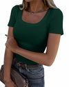 Haochic Womens Square Neck Slim Fit Ribbed T-Shirt Dark Green Size S
