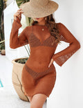 Blooming Jelly Crochet Bikini Coverup Hollow Out Net Long Sleeve Caramel Size S