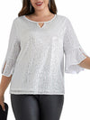Hanna Nikole Plus Size Bell Sleeve V Neck Blouse Silver White Size 16Plus