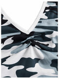 Women's Camo V Neck Sleeveless Crop Top Ruched Backless Dark Green Size M