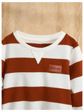Verdusa Boy's Stripe Print Letter Patchwork Pullover Sweatshirt Brown Size 7Y