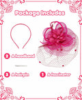 Kidukso Fascinators Hat Vintage 1923s Derby Mesh Veil Feathers Rose Red