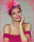 Kidukso Fascinators Hat Vintage 1923s Derby Mesh Veil Feathers Rose Red