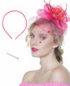 Kidukso Fascinators Hat Vintage 1923s Derby Mesh Veil Feathers Rose Red