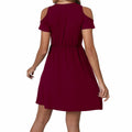 Women's Cold Shoulder Dress Deep V-Neck Knotted Sundress Wine Red