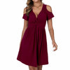 Women's Cold Shoulder Dress Deep V-Neck Knotted Sundress Wine Red