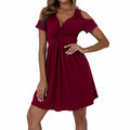Women's Cold Shoulder Dress Deep V-Neck Knotted Sundress Wine Red
