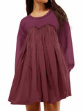 Wenrine Womens Long Sleeve Sweatshirt Dress Patchwork Wine Red S