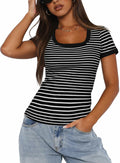 Darong Women Summer Striped Ribbed Knit Scoop Neck Tee Black White Size XS