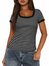 Darong Women Summer Striped Ribbed Knit Scoop Neck Tee Black White Size XS