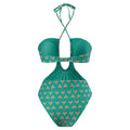 Hawaiian One Piece Swimsuit & Cover Up Wrap Skirt Set Halter Green Size L