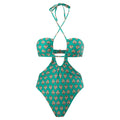 Hawaiian One Piece Swimsuit & Cover Up Wrap Skirt Set Halter Green Size L