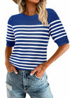Amkoyam Women's Striped Ribbed Knit Pullover Sweater Top Dark Blue Size Small