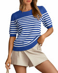 Amkoyam Women's Striped Ribbed Knit Pullover Sweater Top Dark Blue Size Small