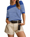 Amkoyam Women's Striped Ribbed Knit Pullover Sweater Top Dark Blue Size Small
