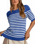 Amkoyam Women's Striped Ribbed Knit Pullover Sweater Top Dark Blue Size Small