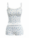 RoseSeek Women's Floral Print Ruched Lace Cami Crop Top & Shorts Set White Size