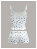 RoseSeek Women's Floral Print Ruched Lace Cami Crop Top & Shorts Set White Size