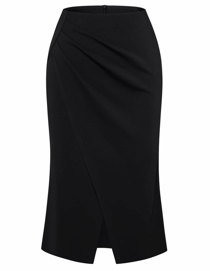 Belle Poque Women's Vintage Wrap Pencil Skirt Knee Length Tummy Control Black M