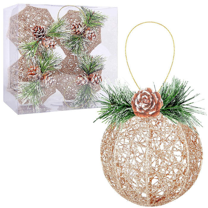 [Like New] Christmas Ball Ornaments 4pc Set Champagne Pinecone Rattan String