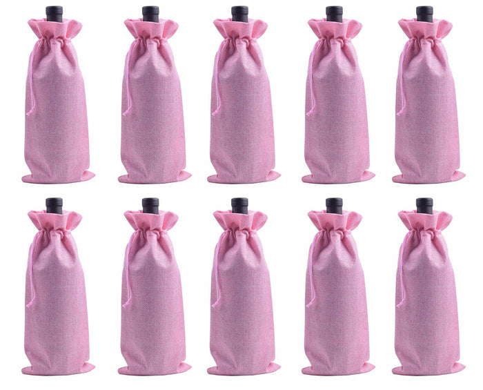 Viamto 10pcs Pink Burlap Wine Bags Drawstring Lining 15x35cm Gift Pouches