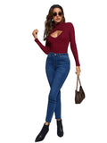 Women's Long Sleeve Turtleneck Cut Out Front Ribbed Knit Tee Shirt Burgundy S