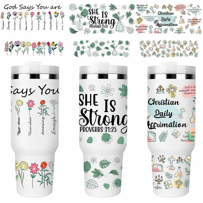 UV DTF Cup Wrap Transfer 6 Sheets Bible Verse Floral Waterproof 40oz Tumbler
