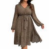 RWJ Plus Size Chiffon V Neck Swiss Dot Belt Dress Long Sleeve Coffee Size Plus
