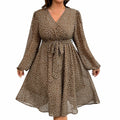 RWJ Plus Size Chiffon V Neck Swiss Dot Belt Dress Long Sleeve Coffee Size Plus