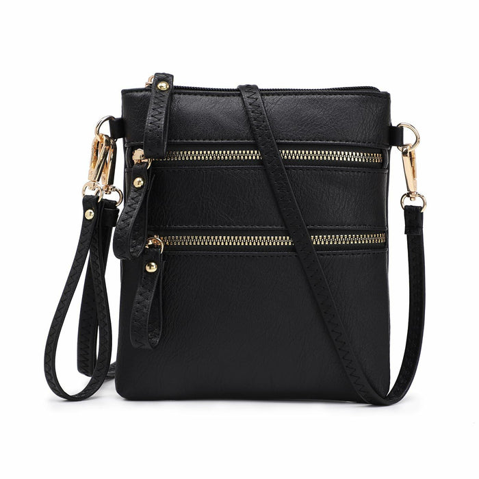 AMELIE GALANTI Small Vegan Crossbody Purse Bag Triple Zipper Black