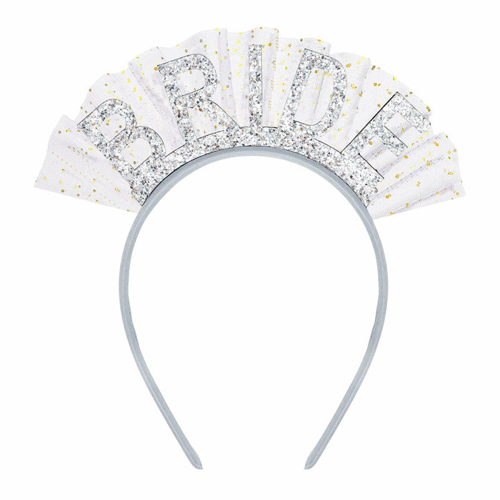 BAHABY Silver Glitter Bride Headband with Short Veil Bridal Shower Wedding