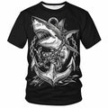 Faiwvhe Men's Creative Shark Graphic T-Shirt Black Summer Short Sleeves Size L