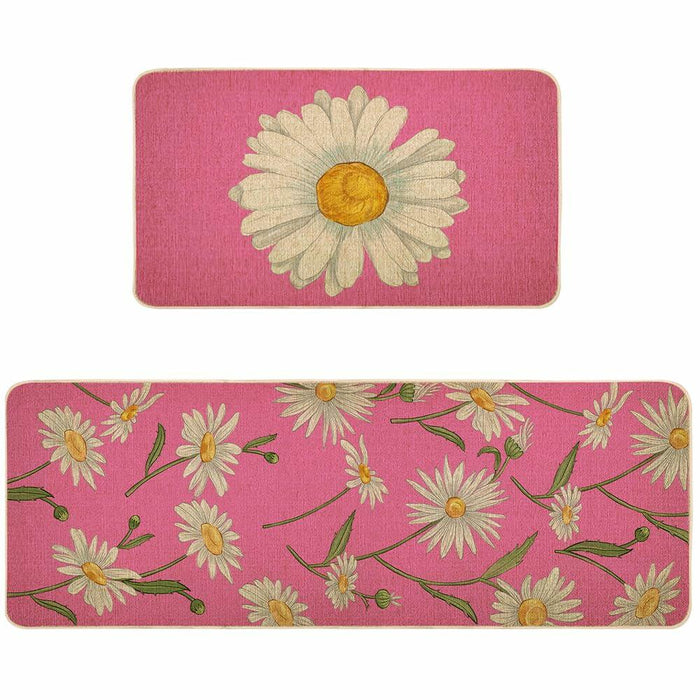 Spring Kitchen Mats Set of 2 Floral Daisy Rugs Pink 17x29 & 17x47 Inch
