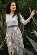 Eloges Women's Floral Midi Dress 3/4 Sleeve Contrast Waistband Grey/Mocha Size S
