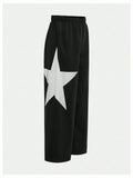 RoseSeek Girl's Wide Leg Star Print Sweatpants High Waist Black Size 12Y