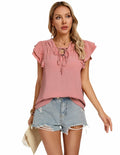 Blouses Women V Neck Ruffle Sleeve Drawstring Front Pink Size S