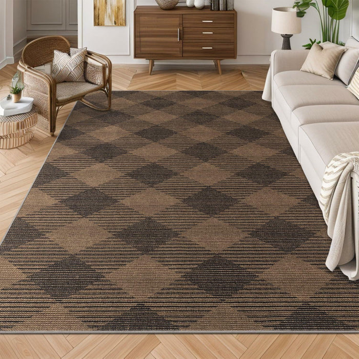 YIHOUSE Checkered Jute Rug 8x10 Brown Black Non Slip Indoor Outdoor
