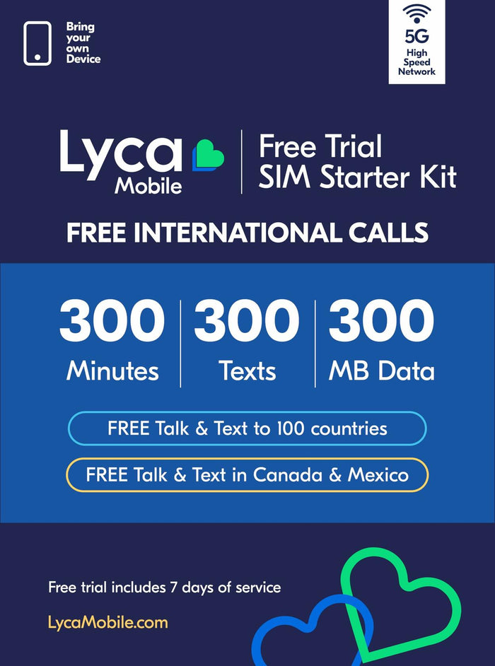 Lyca Mobile USA 5G/4G SIM Starter Kit Free Trial 300 Min/Text/MB 7 Days